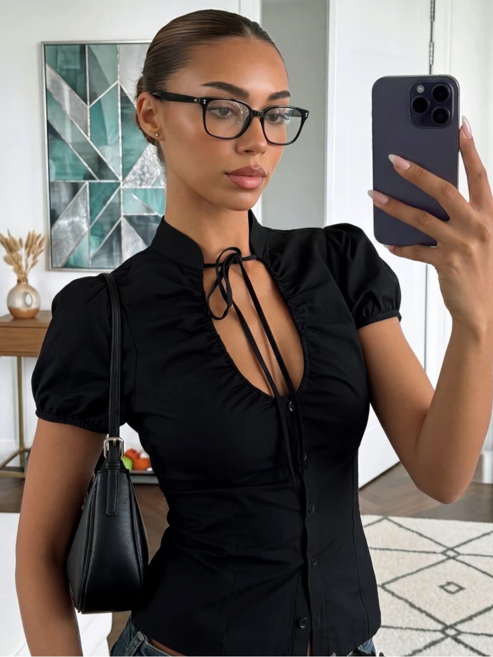 Women's Black Tie Bow Hollow Out Sexy Casual Waist-Cinching Blouse, Autumn